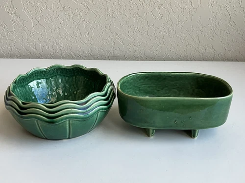 Vintage Green Mccoy Succulent Planter 6.5”x 3” Wave Design Mid Century Oval Bowl