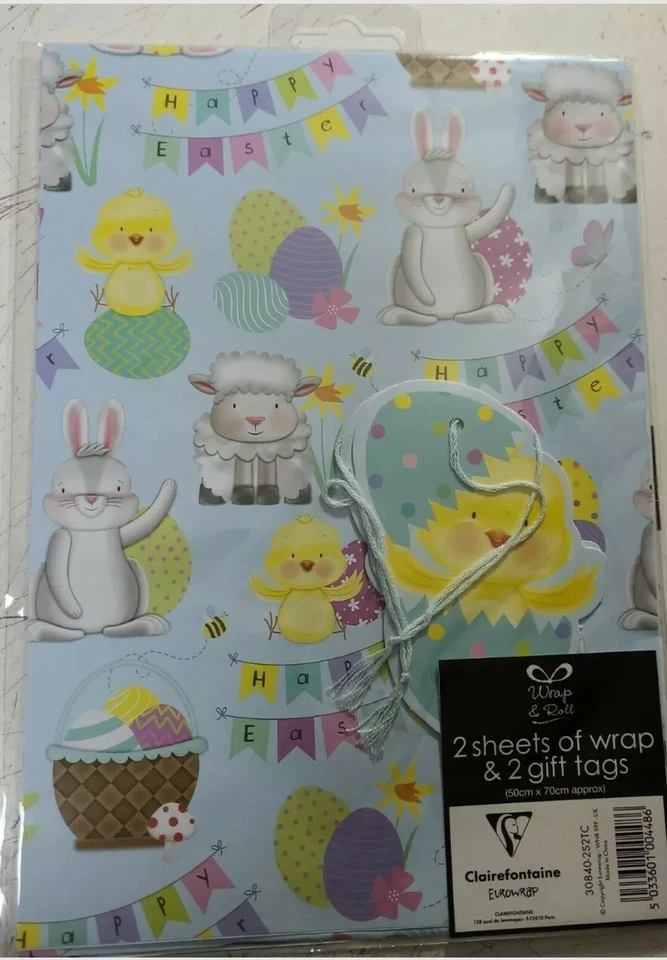 Easter Egg Wrapping Paper Gift Wrap Sheet - 2 sheets 2 tags blue animals design - Image 2 of 2