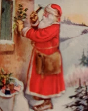 Winsch A Merry Xmas to You Santa Nailing Up Holly American Flag Antique Postcard