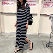 Women's Dress Bubble Sleeves T-shirt Dress Loose Casual Split Stripe Long Dress