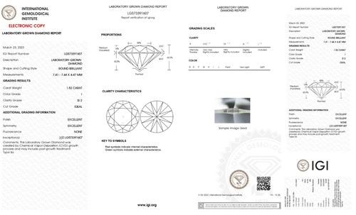 ROUND EXCELLENT CUT 1.52 CT I SI2 IGI CERTIFIED CVD LAB GROWN LOOSE DIAMOND - Picture 2 of 10