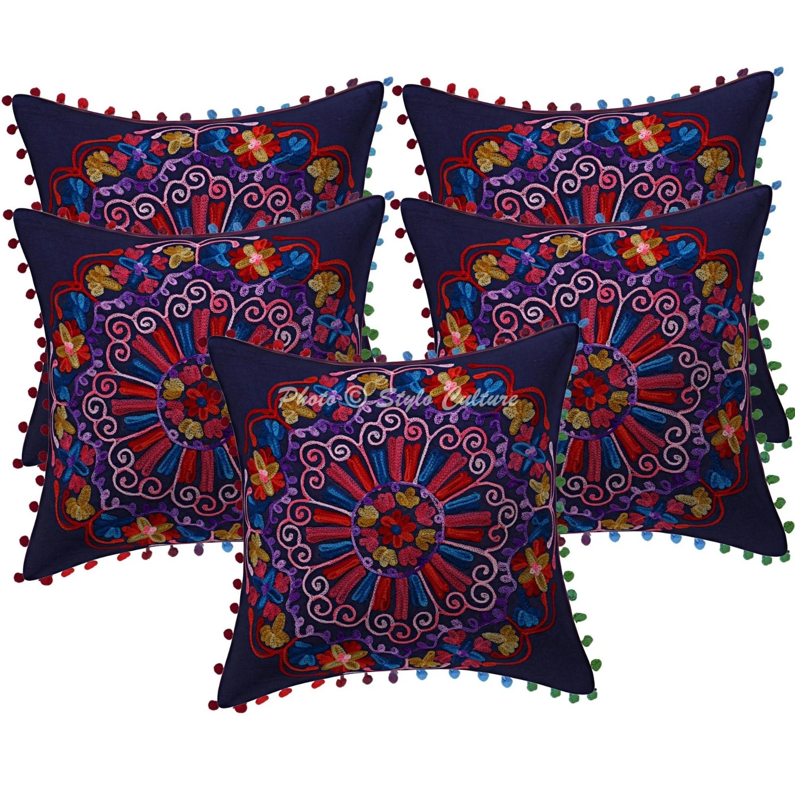 Bohemian Suzani Embroidered Pom Pom Throw Pillow Covers Cotton Blue Ethnic Decor
Opens in a new wind