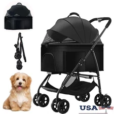 Pet Stroller Small Medium Dogs Cats Folding Carrier W/ Safety Belt Storage Black