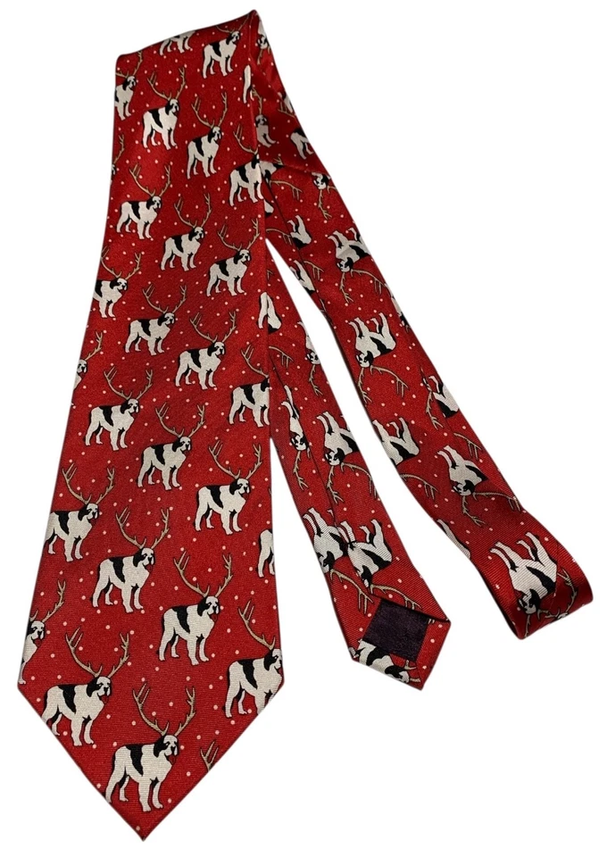 BIG DOGS Men's Red Silk Christmas Tie St. Bernards Deer Antlers - 59"L/4"W - Image 2 of 4