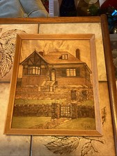 Vintage Handmade Marquetry Picture Of A House /Cottage Cottage 285 X235 Mm
