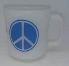Vintage Glasbake PEACE White Milk Glass Mug Blue Dove Peace Symbol Retro