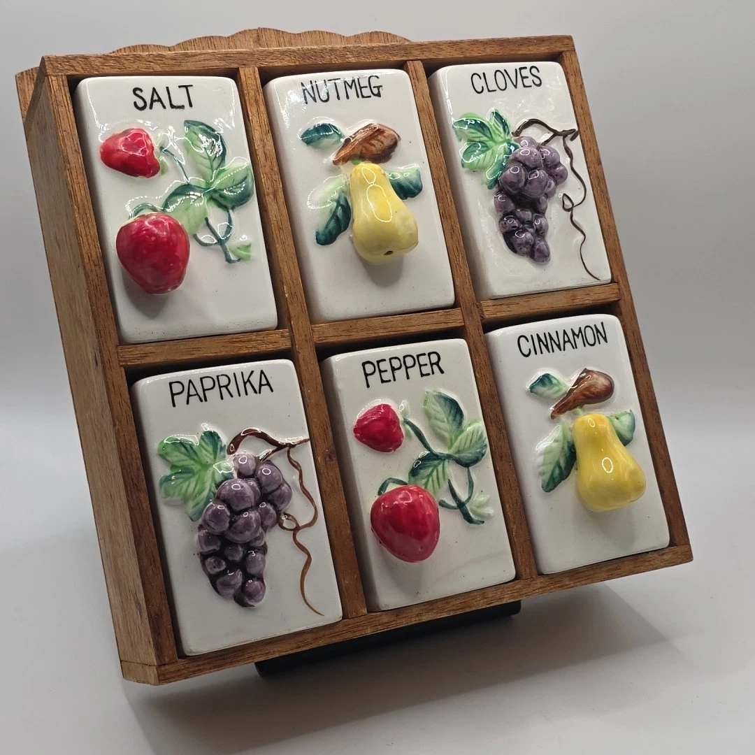 Vintage Japan Medium Spice Rack Fruit Handles Wooden Ceramic Holder 6 Spices