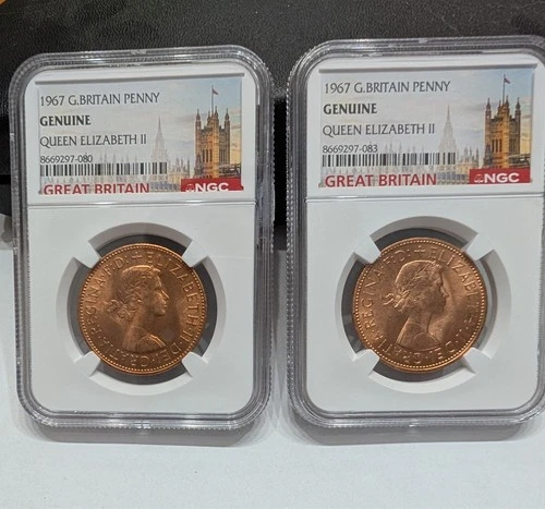 2 1967 Great Britain Penny NGC Graded Genuine Queen Elizabeth II Coin