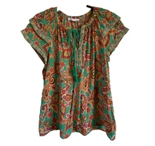 DR2 Top Double Flutter Sleeve Women's Multi Paisley Tassel Size M