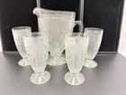Vintage Iris & Herringbone Clear Pitcher & 4 Glass Tumbler Set Exc Cond