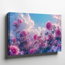 Pink rose flowers garden canvas wall art with soft clouds spring floral print