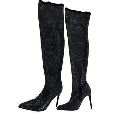 Black Rhinestone Over The Knee Thigh High Stiletto Boots Pointed Toe Size 9