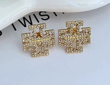 New Tory Burch Kira zircon Logo Stud Earrings In Gold ✨ 1.8cm