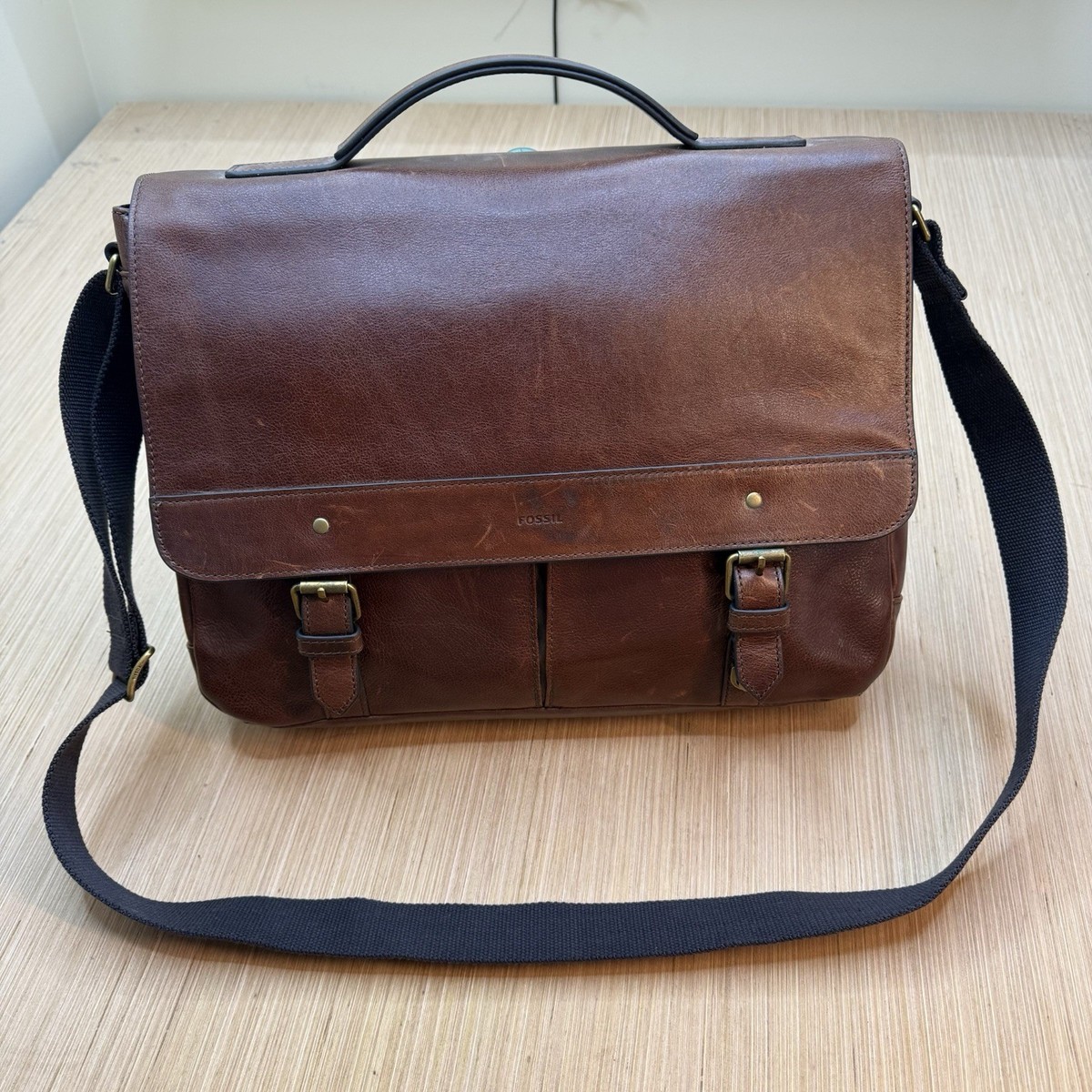FOSSIL Rich Brown Leather Messenger Satchel Computer Laptop Cross Body Bag 16x12