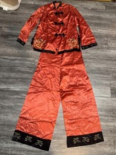 VINTAGE LOUNGING PAJAMAS CHINESE SHANGHAI RED SATIN BROCADE FROG CLOSURES SZ L