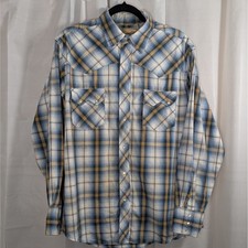 Wrangler Western Pearl Snap Shirt Mens Blue Plaid Long Sleeve Snap Buttons Sz XL
