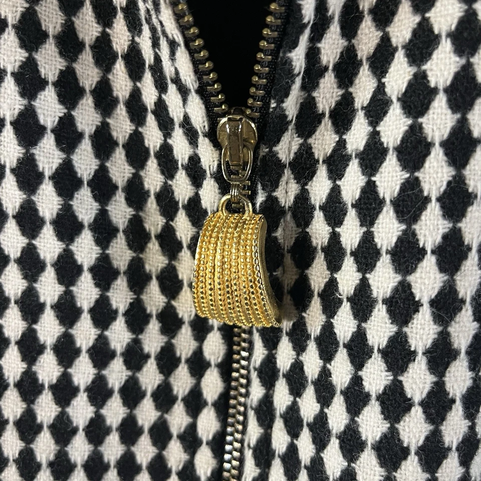 复古 Mary McFadden 夹克女式 10 黑色白色钻石图案金色拉链 — 第 2/4 张图片