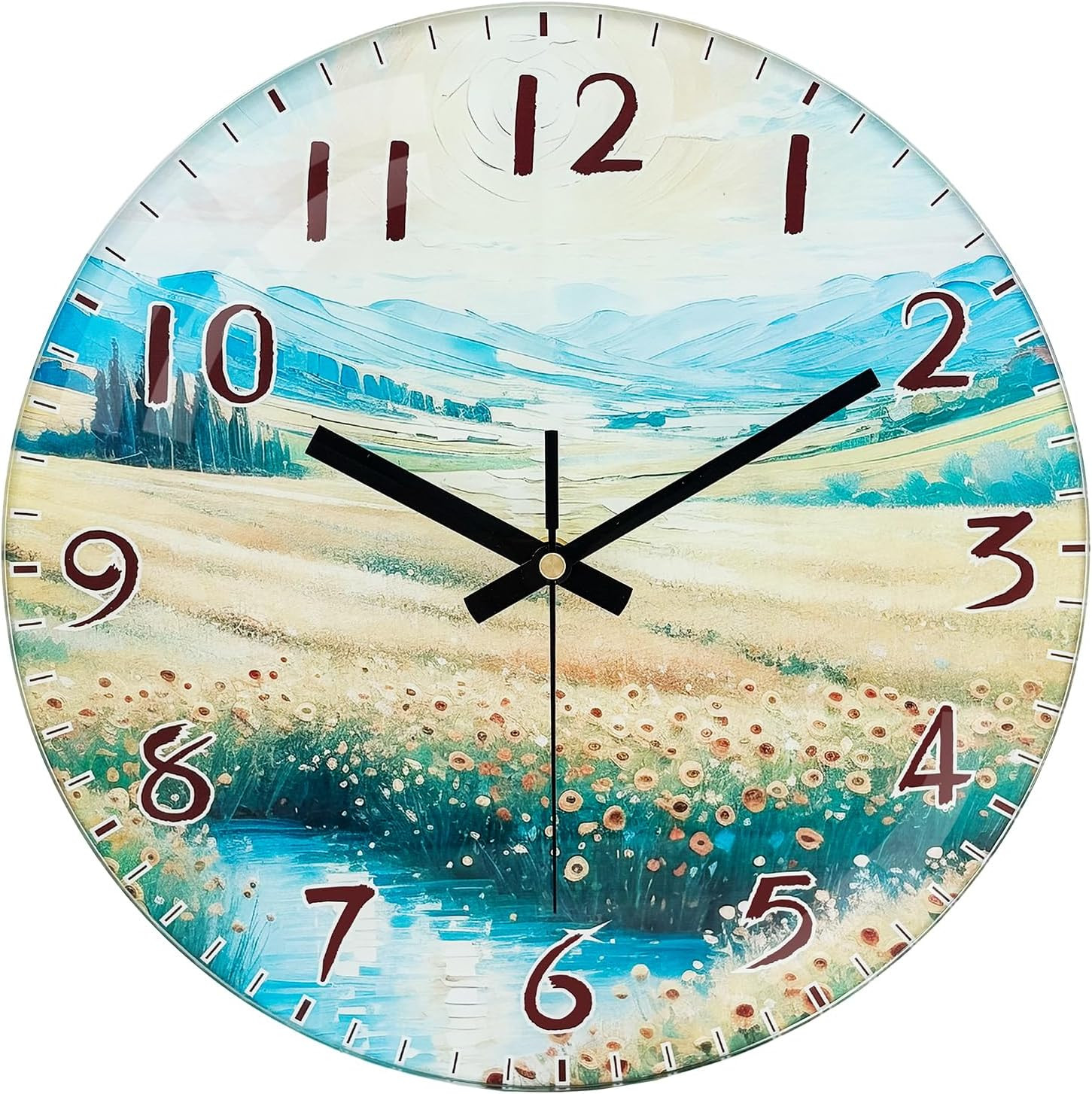 Battery Operated Wall Clock, 8 Inch Exclusive Flower & Mountain Glass Design Ana