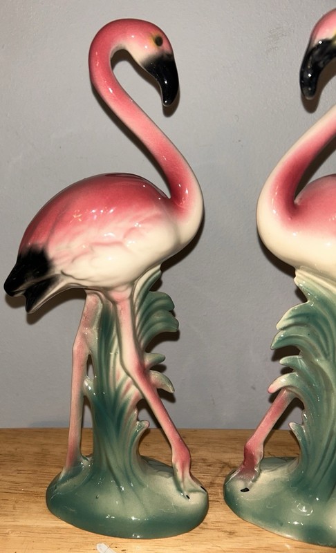 Pair of Ceramic Flamingo Figurine Pink Green 12" Decorative Collectibles