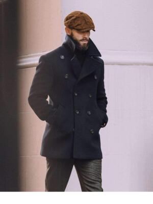 Mens Navy Tailored Collar Winter Double-breasted Wool Pea coat