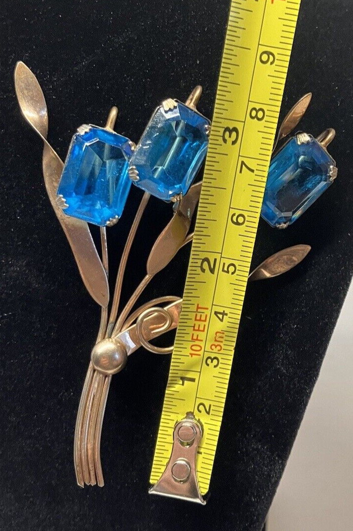 Antique Brass Copper Aqua Glass Brooch Pin - Flow… - image 2