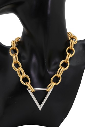 Women Necklace Gold Metal Chain Links Silver Triangle Pendant Attractive Style - Picture 11 of 12