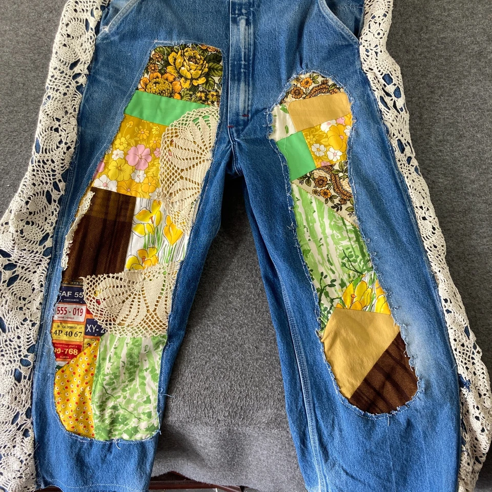 Upcycled Dickies 连体裤女式加 1X 拼布刺绣超大原始下摆 — 第 4/4 张图片