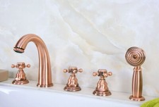 Antique Red Copper 5 Hole Deck Mount Bathroom Roman Tub Faucet W/Hand Shower Set