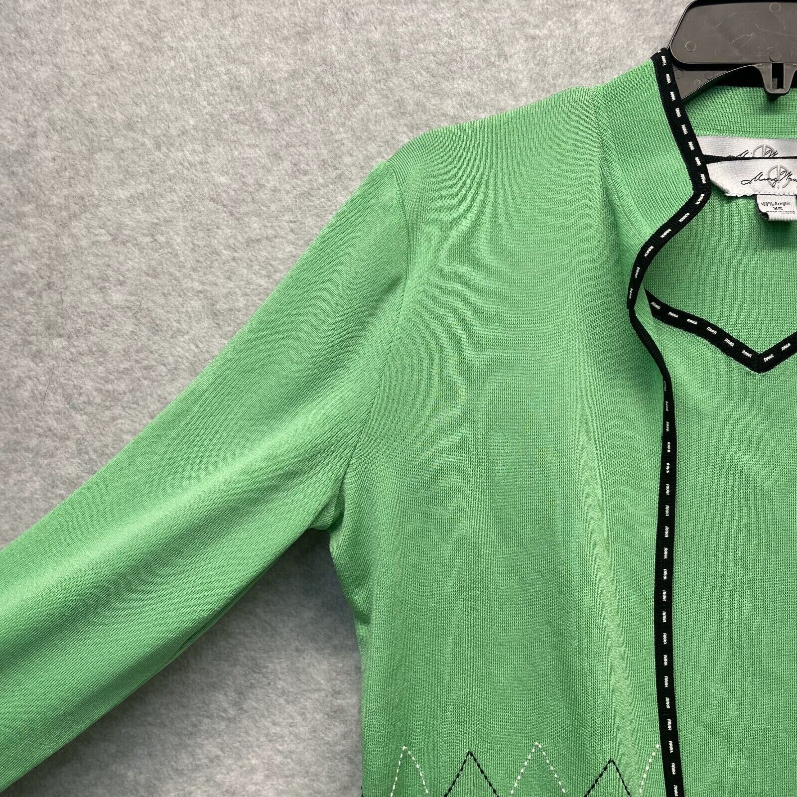 Ming Wang Knit Twin Set Womens XS Green Argyle Embroidered Cardigan Career Wear