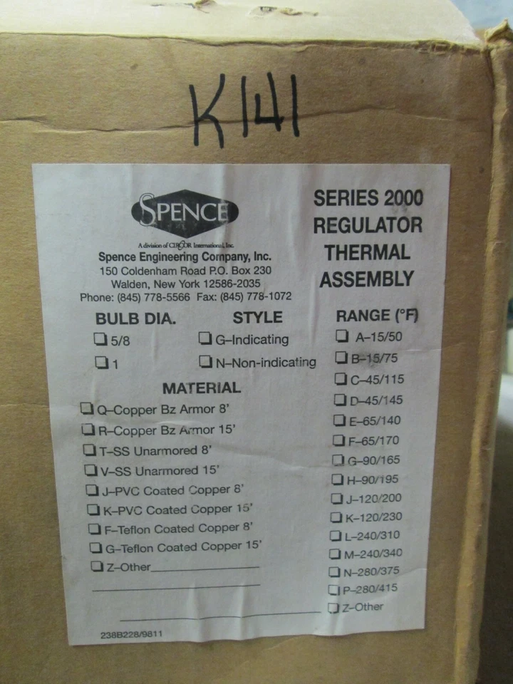 Spence Series 2000 Regulator Thermal Assembly Bulb Dia: 1" 8' (NIB) - Image 3 of 3