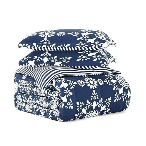 Juego de edredón reversible floral a rayas azul marino blanco talla king de 3 piezas Foto 3 de 3
