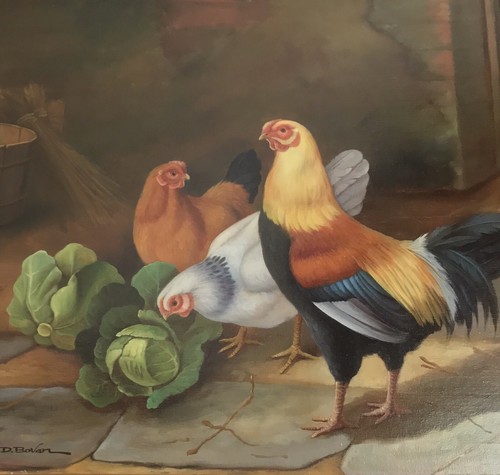 Oil Painting On Canvas, Signed, CHICKENS CABBAGE KITCHEN, Gold Frame 27 X 24 - Picture 5 of 10