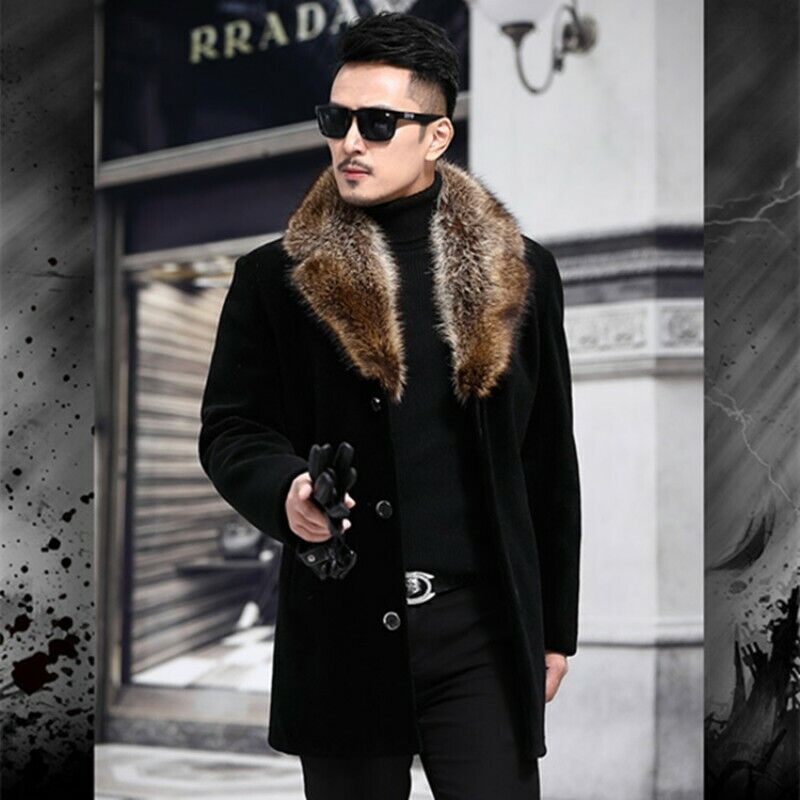 Winter Mens Faux Fur Overcoat Fur Collar Jacket Outdoor Trench