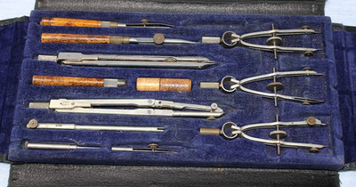 Vintage NORIS USA 12-Piece Drafting Set in Leatherette Case, Wooden Handles EUC