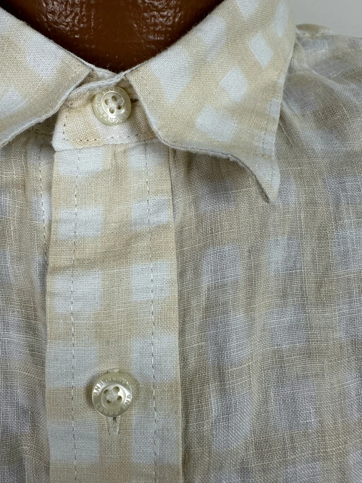 Lands End Linen Shirt Men XL Button Up Beige Check Beach Resort Travel Outdoors - Image 4 of 4