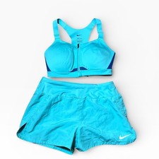 Nike Dri-FIT Womens Teal Zip Front Sports Bra Running Shorts Set Small Outfit