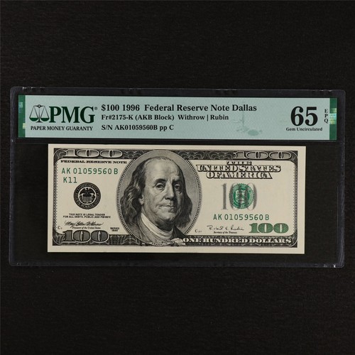 1996 Federal Reserve Note Dallas 100 Dollars Fr#2175-K PMG 65 EPQ Gem UNC