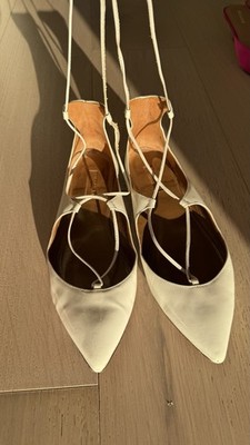 Aquazzura Christy Lace Up Leather Flats Textured White Leather Size 37