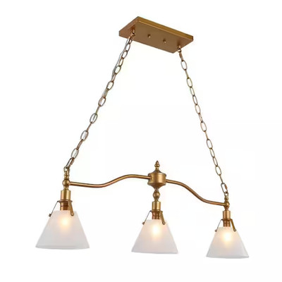 Lougheed Decor VTG Brushed Gold Linear 3 Light Bell Chandelier with Glass Shade