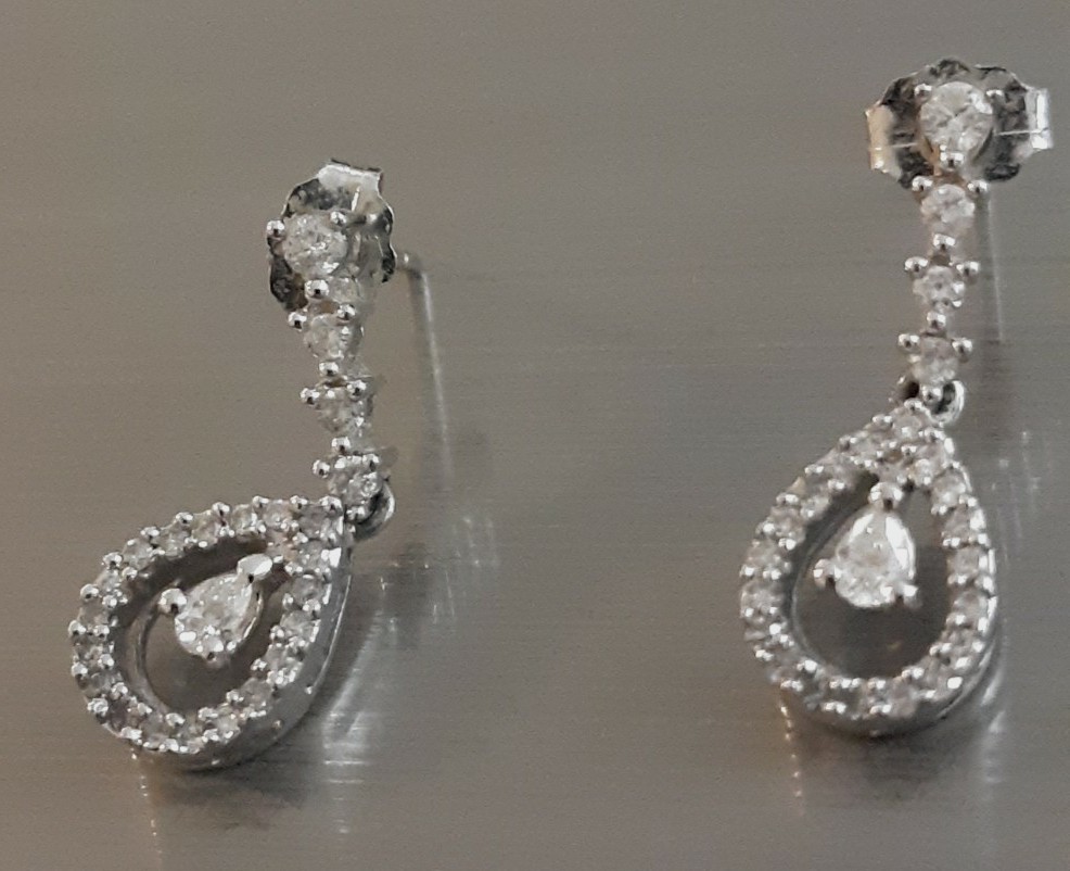 14K Solid White Gold Diamond Dangle Drop Stud Ear… - image 9