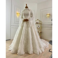 Muslim Elegant Wedding Dress Lace Cape White Long Sleeves High Neck Bridal Gowns