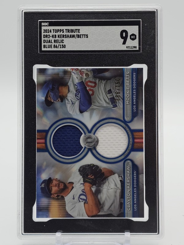 KERSHAW MOOKIE BETTS 2024 TOPPS TRIBUTE DUAL RELIC BLUE PATCH /150 SGC 9 Q7188