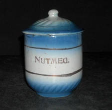 EXC. Small 4" Blue & White Covered NUTMEG Spice Jar Stoneware Salt Glaze Ohio