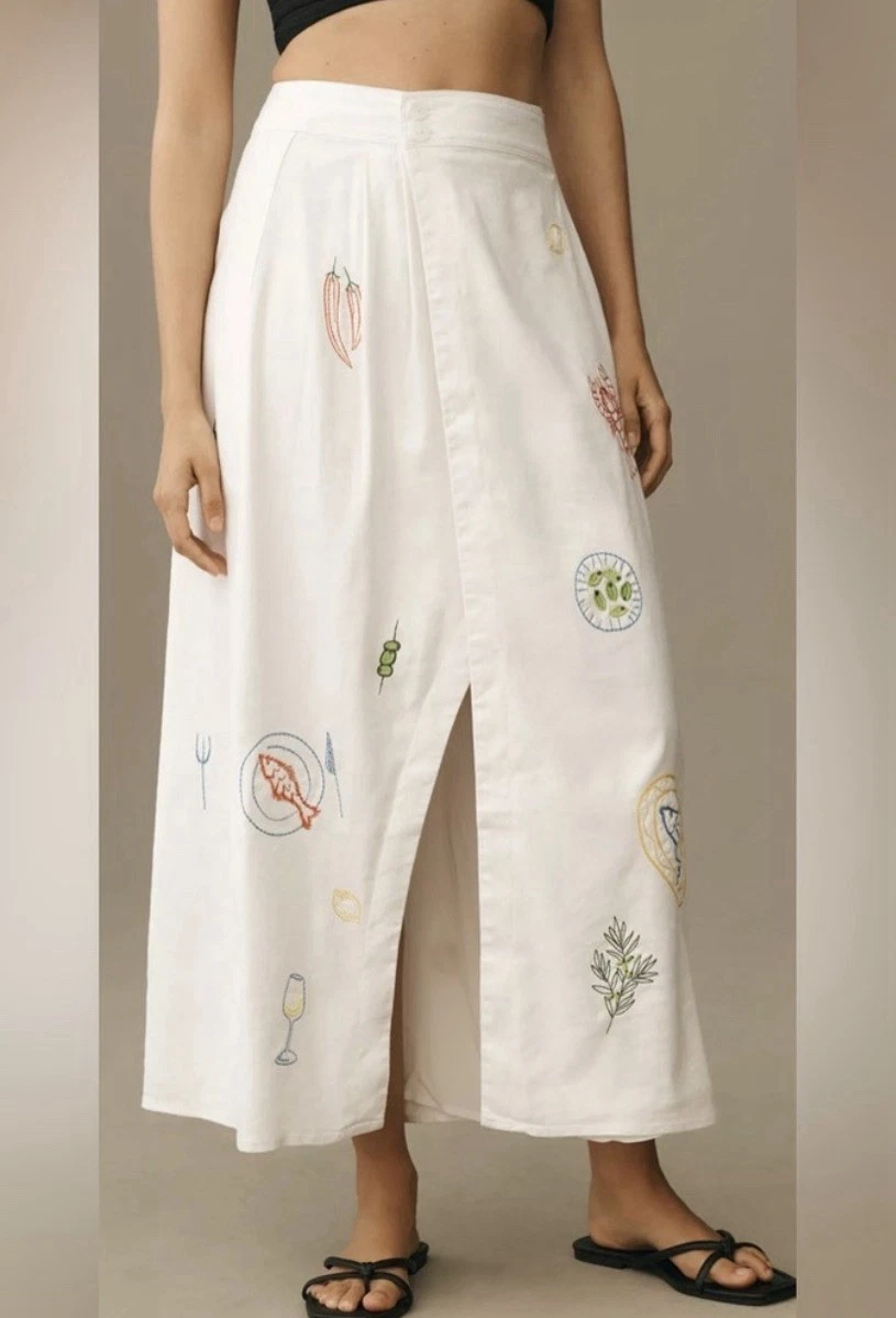Maeve Anthropologie Linen Blend Embroidered Midi Skirt NWT Sz 12 Coastal Amalfi