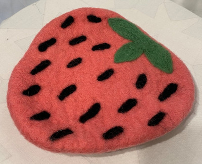 Handmade felted wool strawberry pink hot pad- needle + wet felted