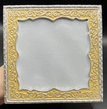 Creamy Yellow Enamel & Silver/Pewter Ornate Scroll Scalloped Frame Rococo Metal