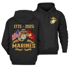 250 Years Marine Corps Hoodie, American Flag & Usmc Flag Back Graphic