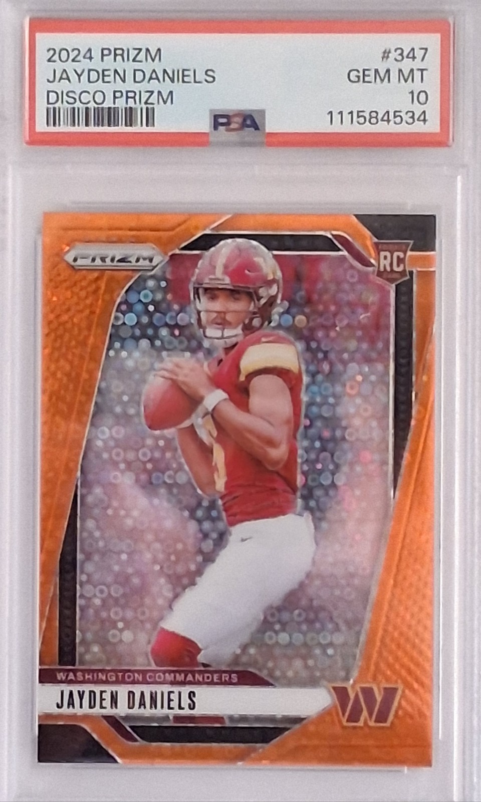 Jayden Daniels-2024 Panini Prizm # 347 (RC) Orange Disco Prizm- PSA 10