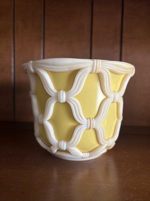 Yellow White Macrame Line E O Brody Plastic Vase Cleveland US MCM