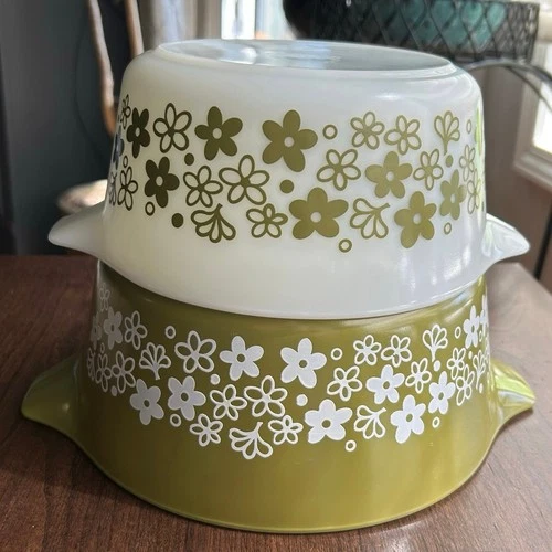 Vintage Pyrex Spring Blossom Crazy Daisy 2.5Qt 1.5qt Green Casserole 474-b 476-b